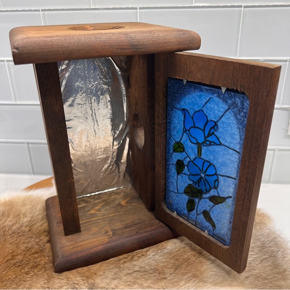 Vintage Wooden Luminary/Candle Holder with Stained Glass Door - Picture 7 of 15